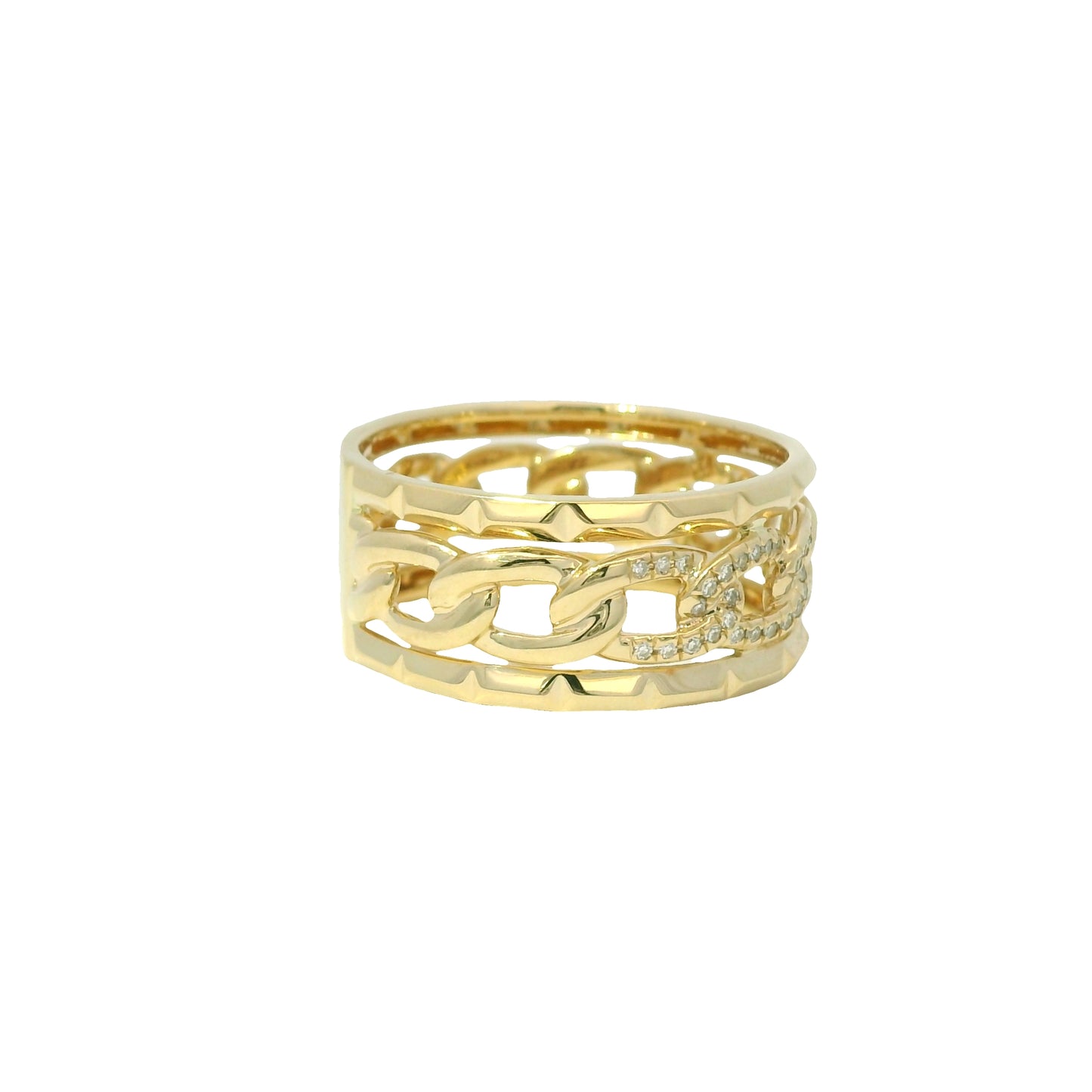 14K Yellow Gold Natural Round Brilliant Diamond Pave Chain Link Style Ring 