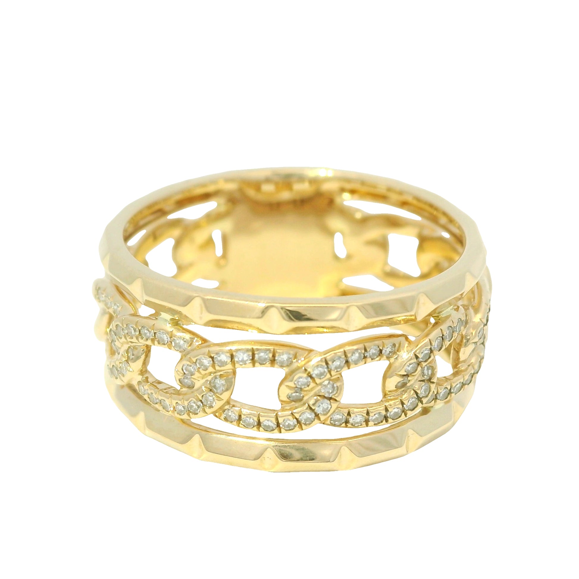 14K Yellow Gold Natural Round Brilliant Diamond Pave Chain Link Style Ring 