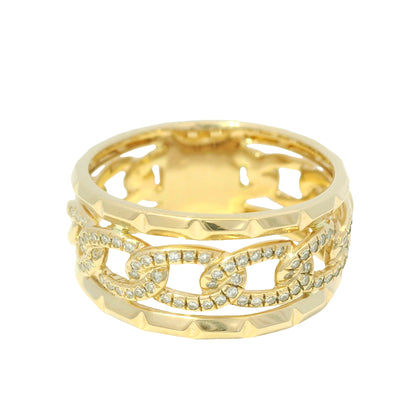 14K Yellow Gold Natural Round Brilliant Diamond Pave Chain Link Style Ring 