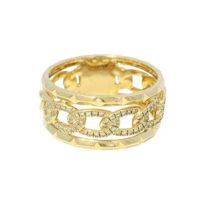 14K Yellow Gold Natural Round Brilliant Diamond Pave Chain Link Style Ring 