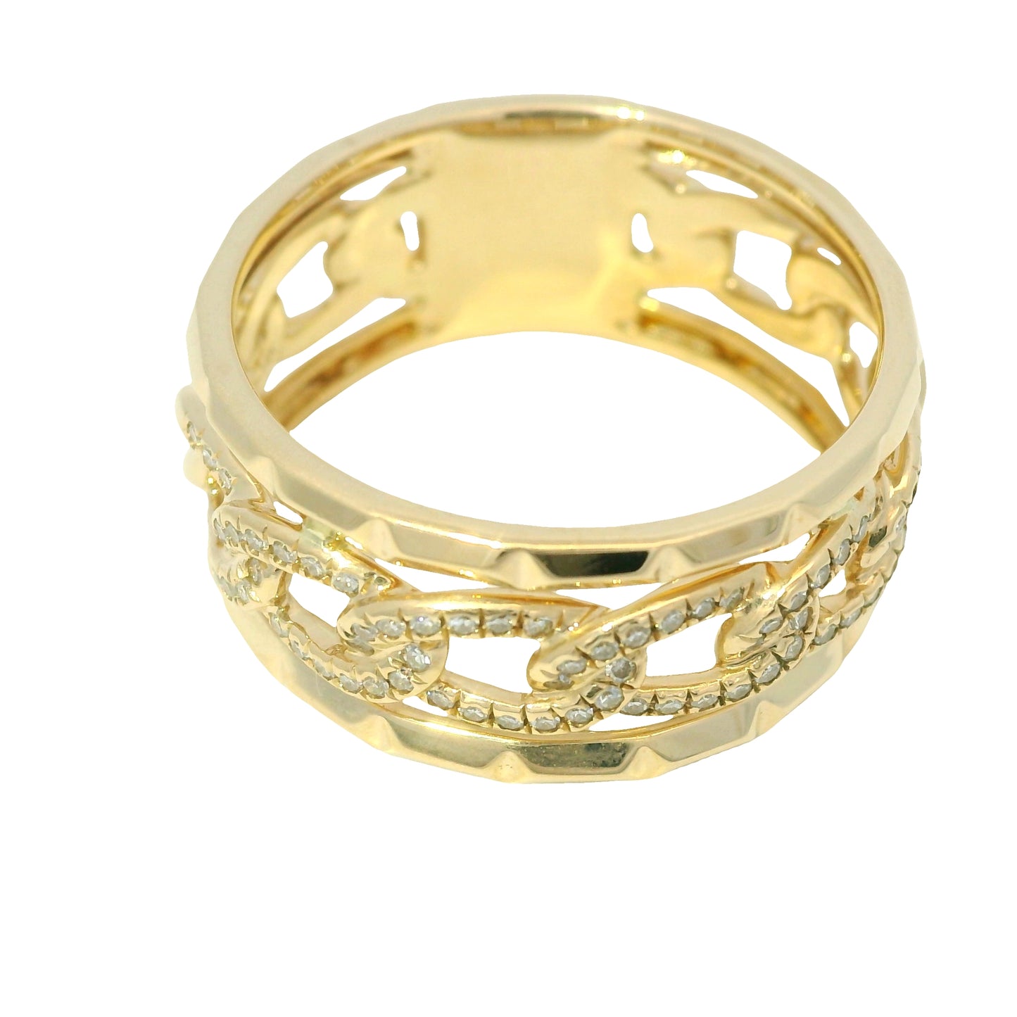 14K Yellow Gold Natural Round Brilliant Diamond Pave Chain Link Style Ring 