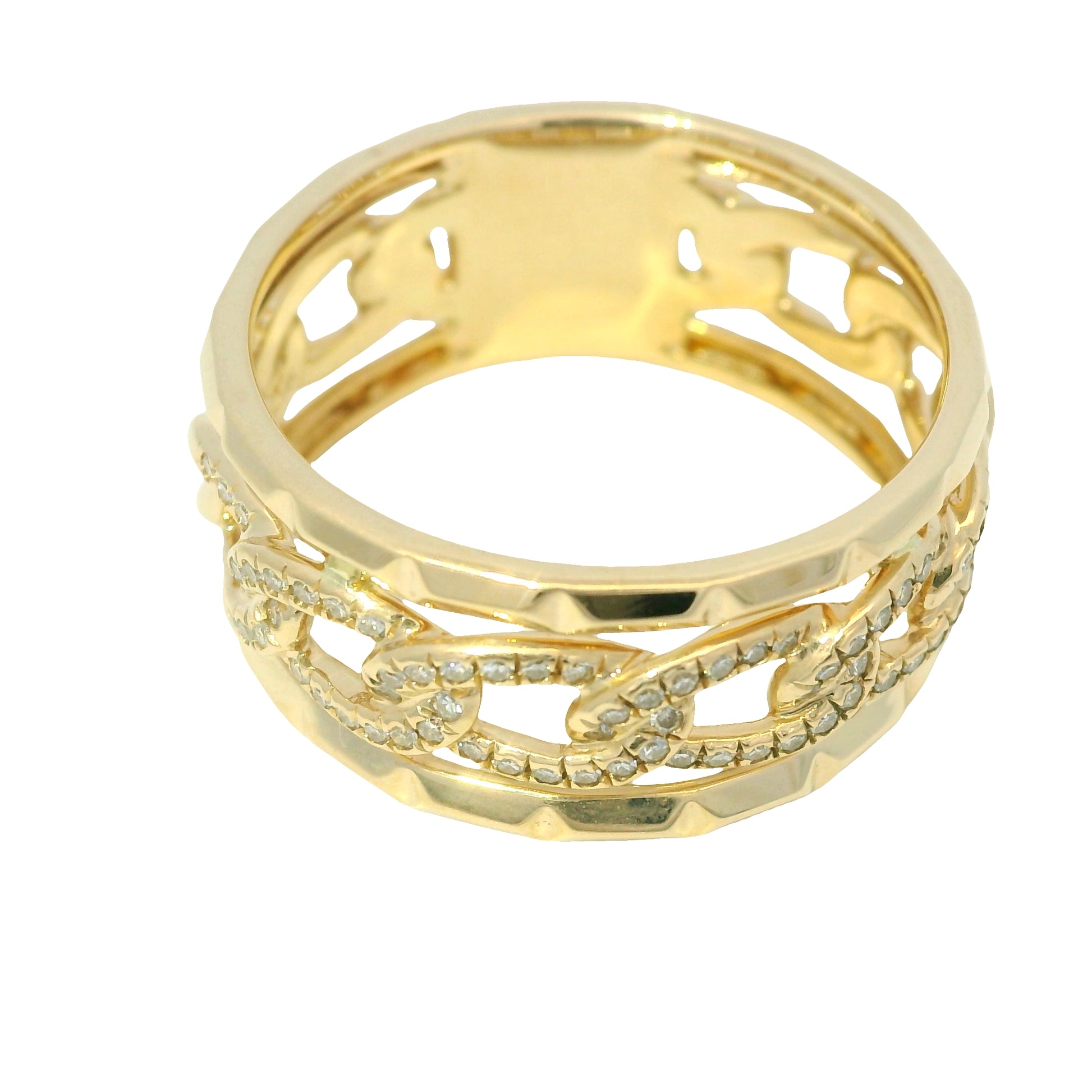 14K Yellow Gold Natural Round Brilliant Diamond Pave Chain Link Style Ring 