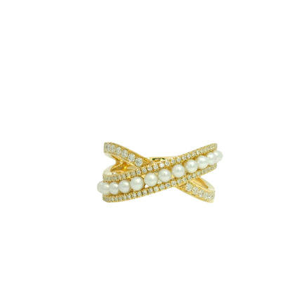 14k Yellow Gold Natural Diamond & Pearl Crossover Ring