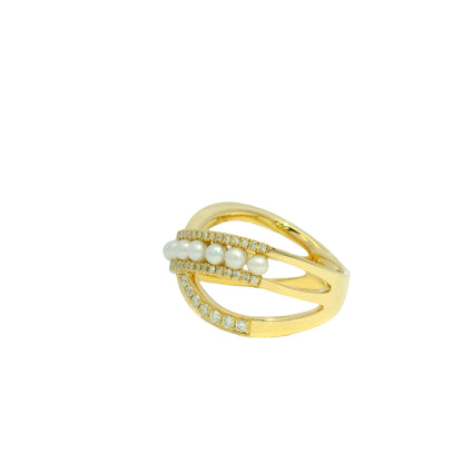 14k Yellow Gold Natural Diamond & Pearl Crossover Ring