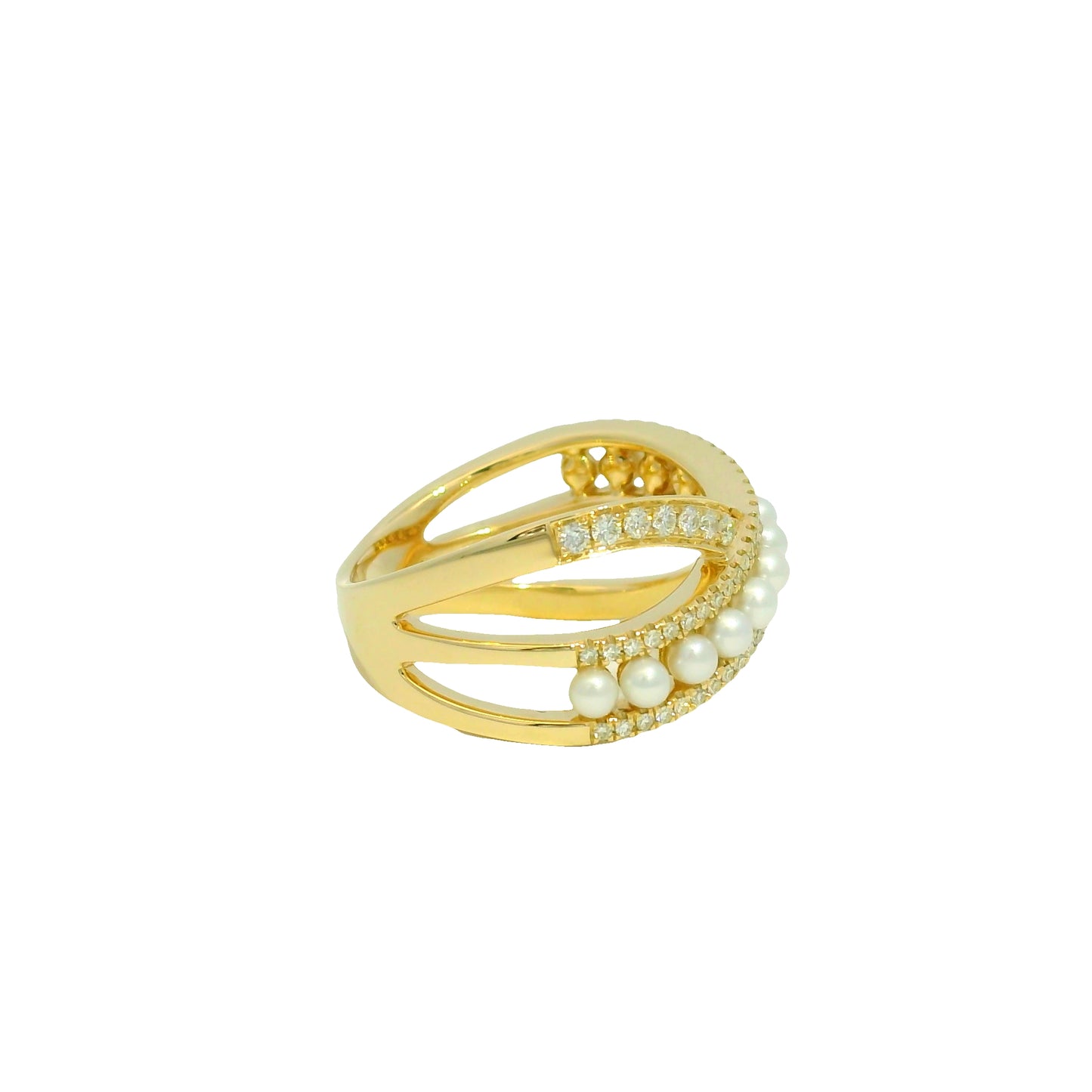 14k Yellow Gold Natural Diamond & Pearl Crossover Ring
