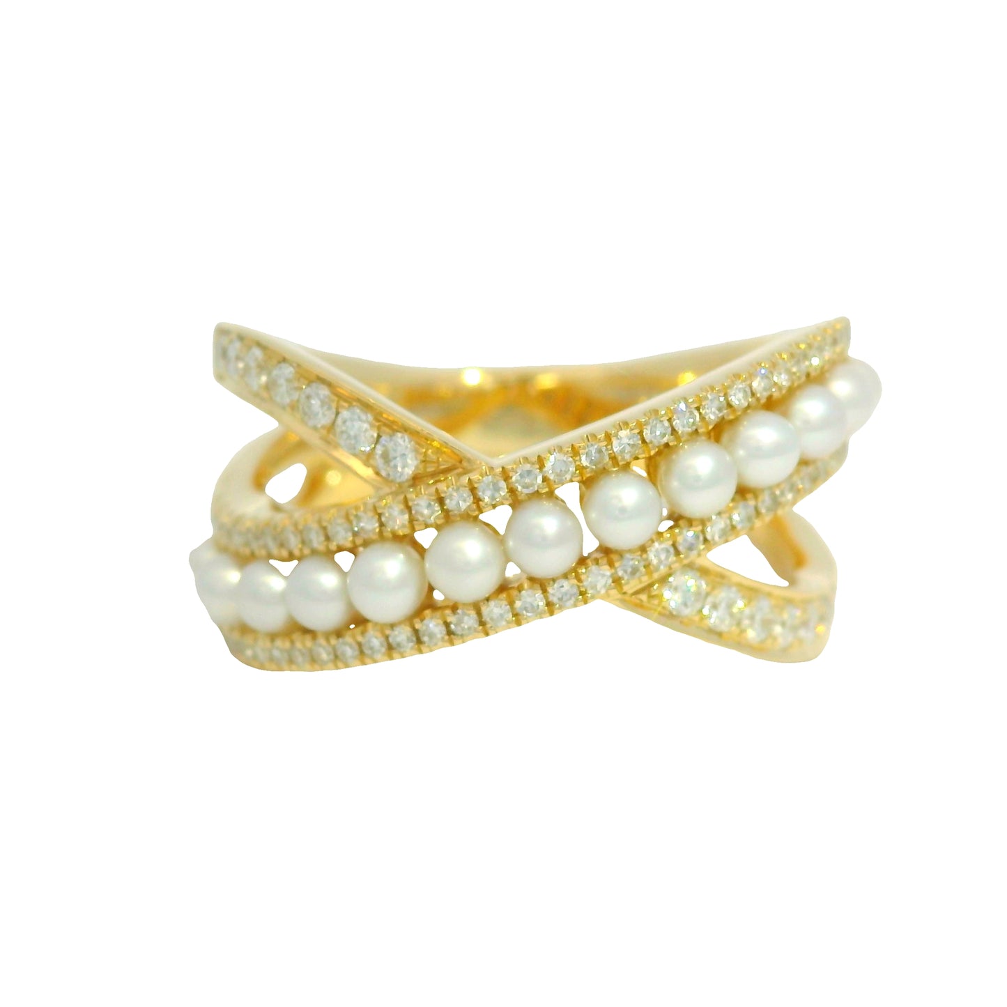 14k Yellow Gold Natural Diamond & Pearl Crossover Ring