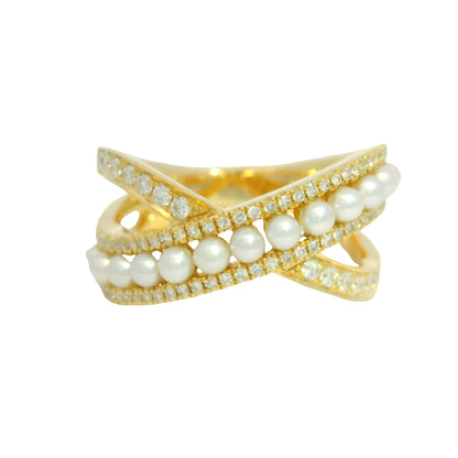 14k Yellow Gold Natural Diamond & Pearl Crossover Ring