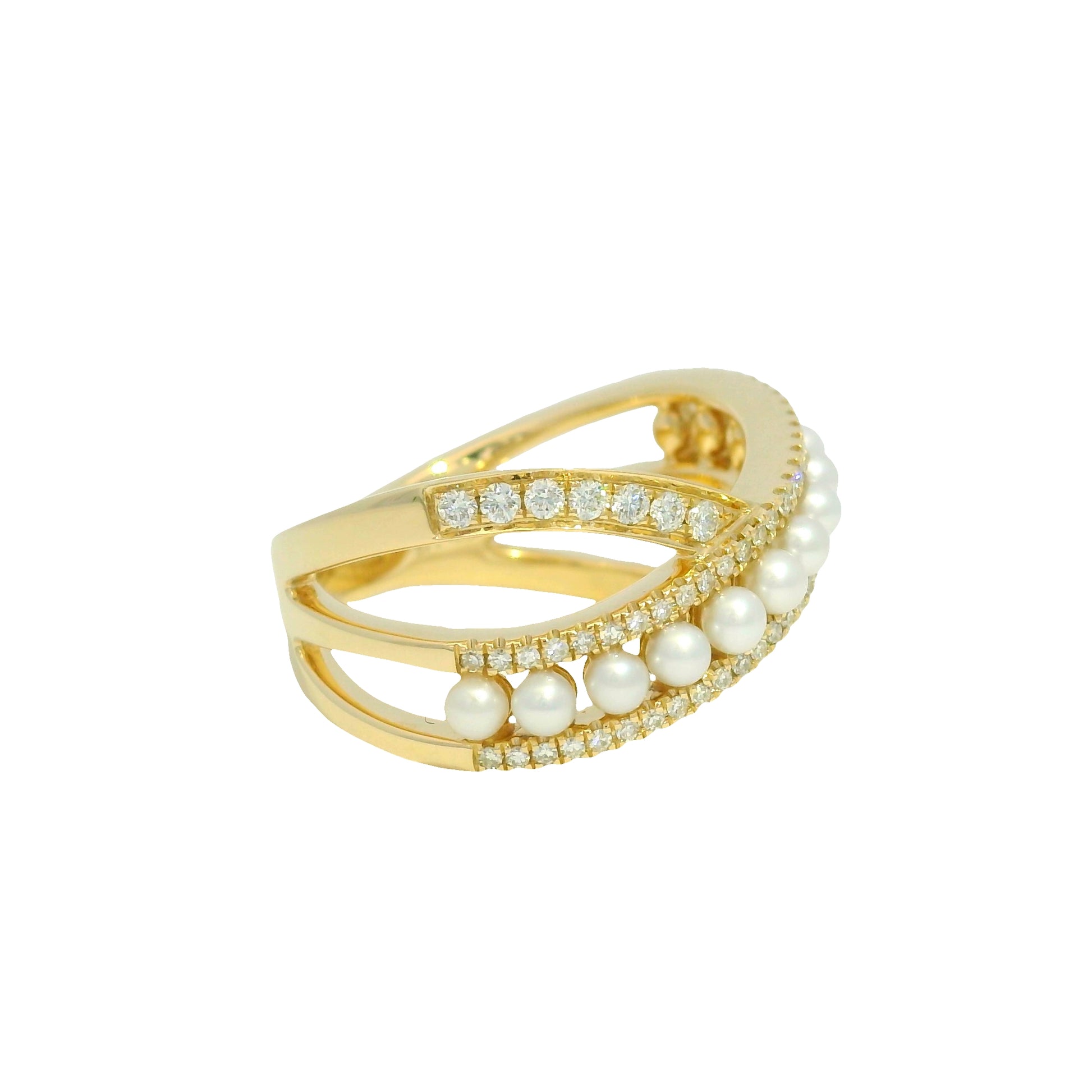 14k Yellow Gold Natural Diamond & Pearl Crossover Ring