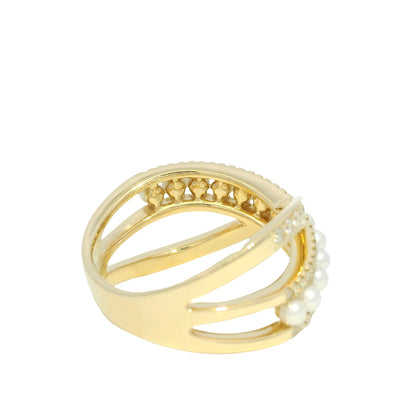 14k Yellow Gold Natural Diamond & Pearl Crossover Ring