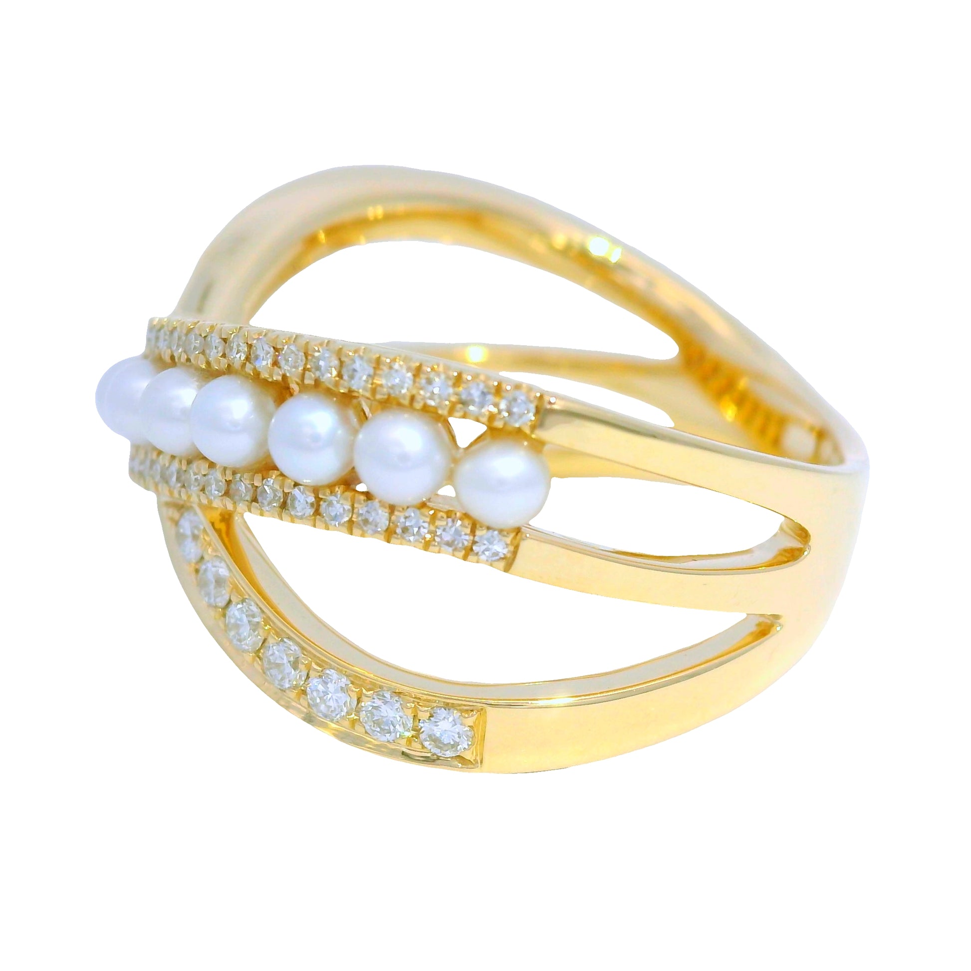 14k Yellow Gold Natural Diamond & Pearl Crossover Ring