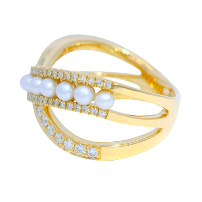 14k Yellow Gold Natural Diamond & Pearl Crossover Ring