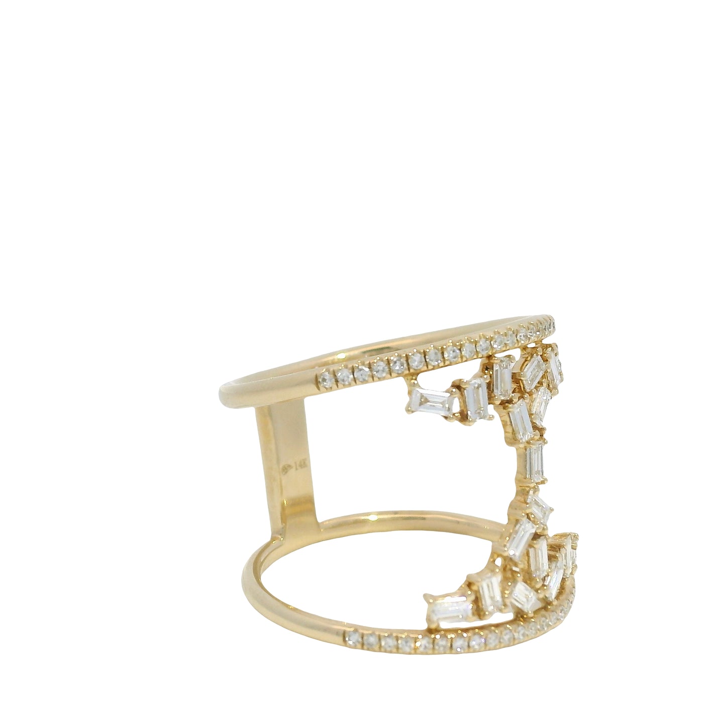 14k Yellow Gold Natural Diamond Scattered & 2-Row Wide Open Ring
