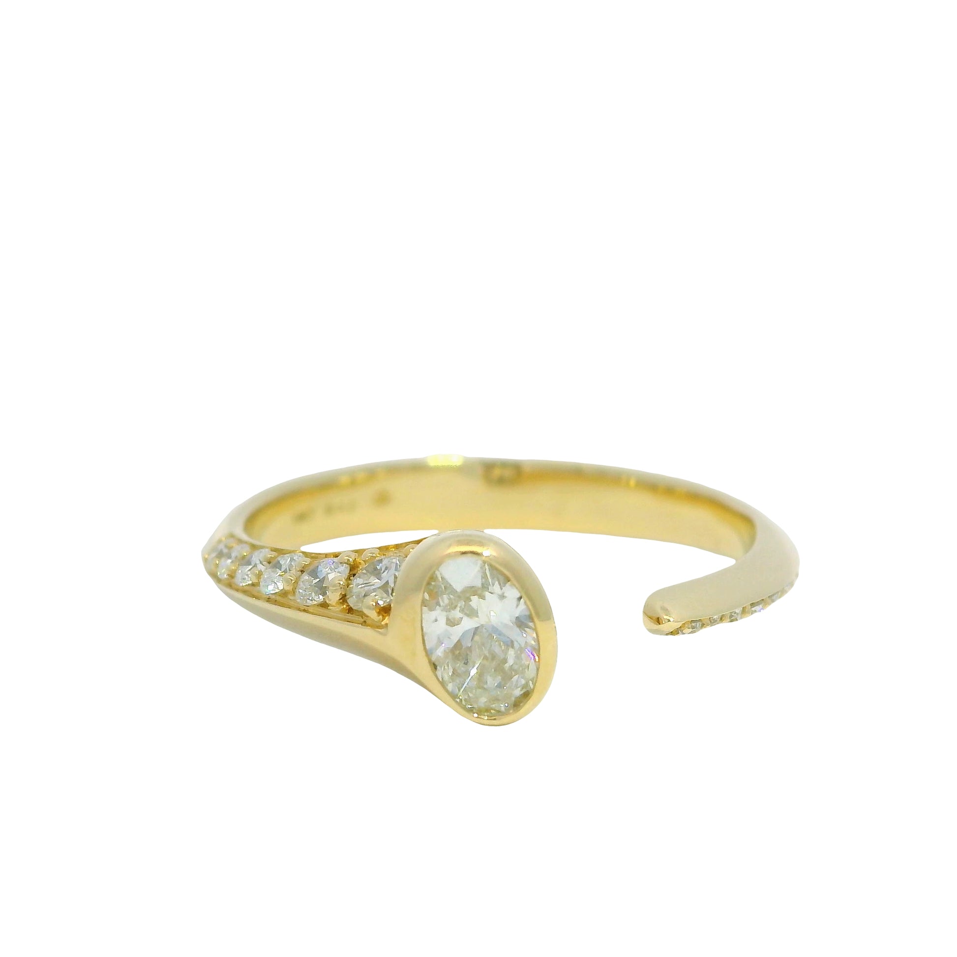 18K Yellow Gold Natural Oval & Round Brilliant Cut Bezel Set Diamond Open Bypass Ring