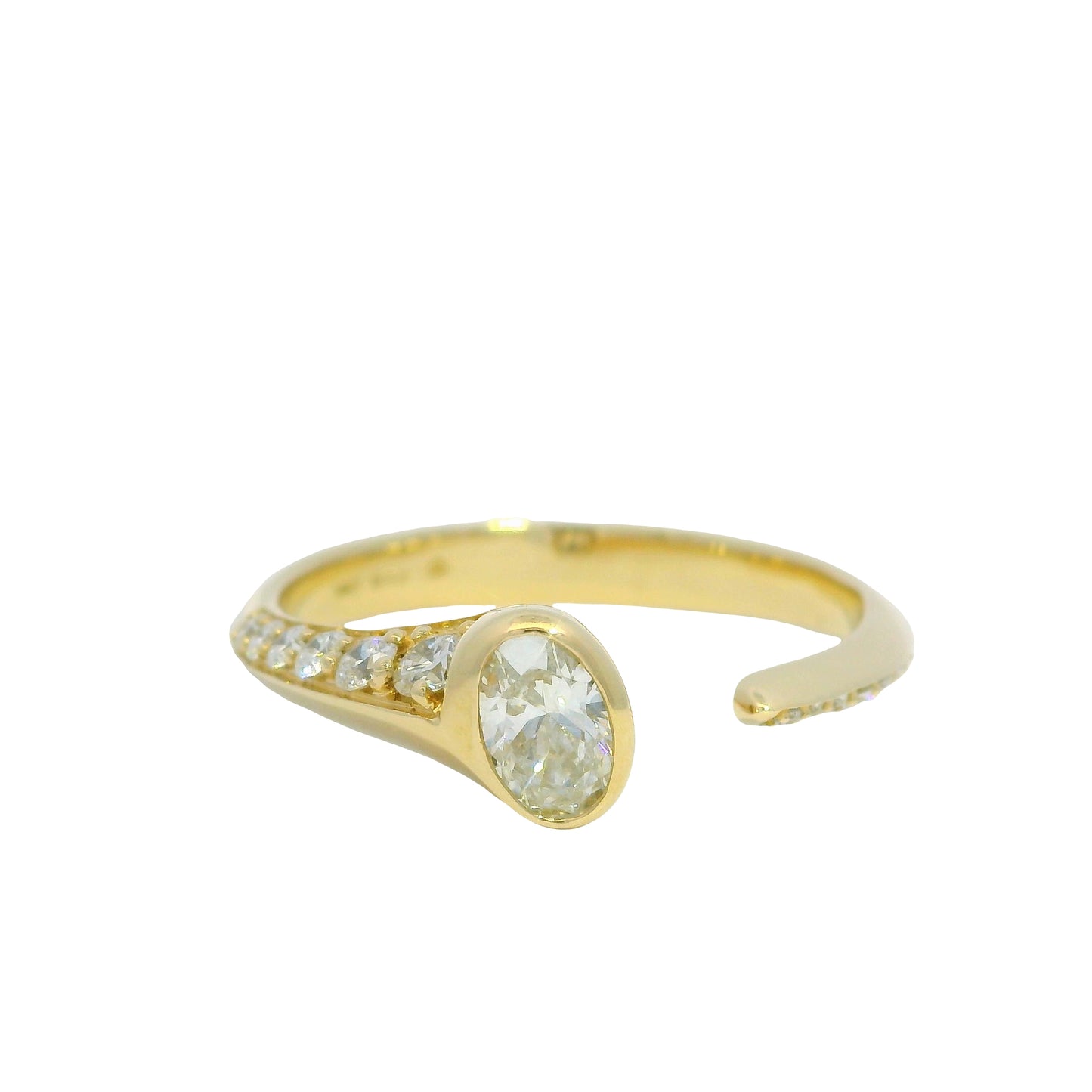 18K Yellow Gold Natural Oval & Round Brilliant Cut Bezel Set Diamond Open Bypass Ring