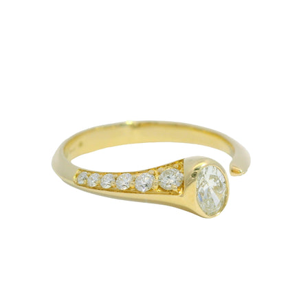 18K Yellow Gold Natural Oval & Round Brilliant Cut Bezel Set Diamond Open Bypass Ring