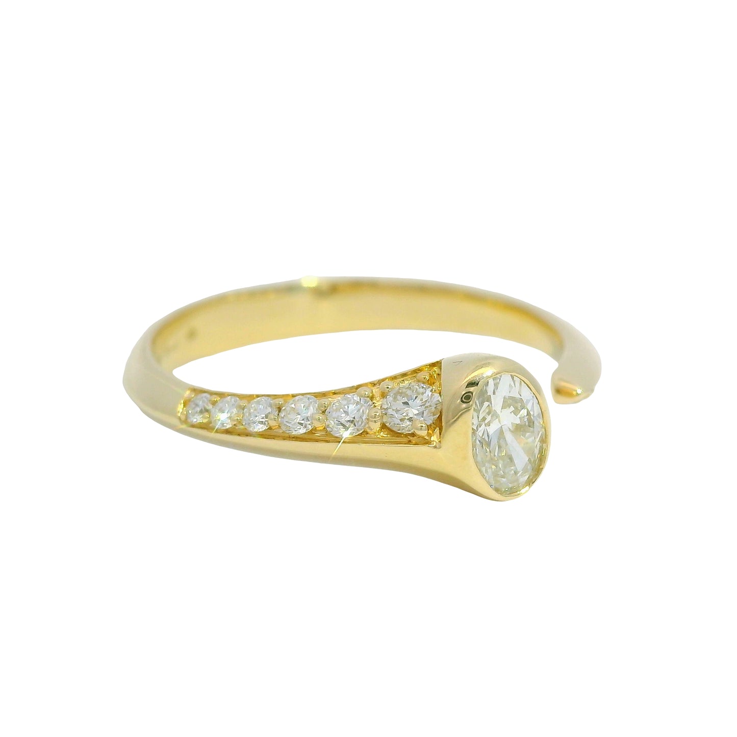 18K Yellow Gold Natural Oval & Round Brilliant Cut Bezel Set Diamond Open Bypass Ring