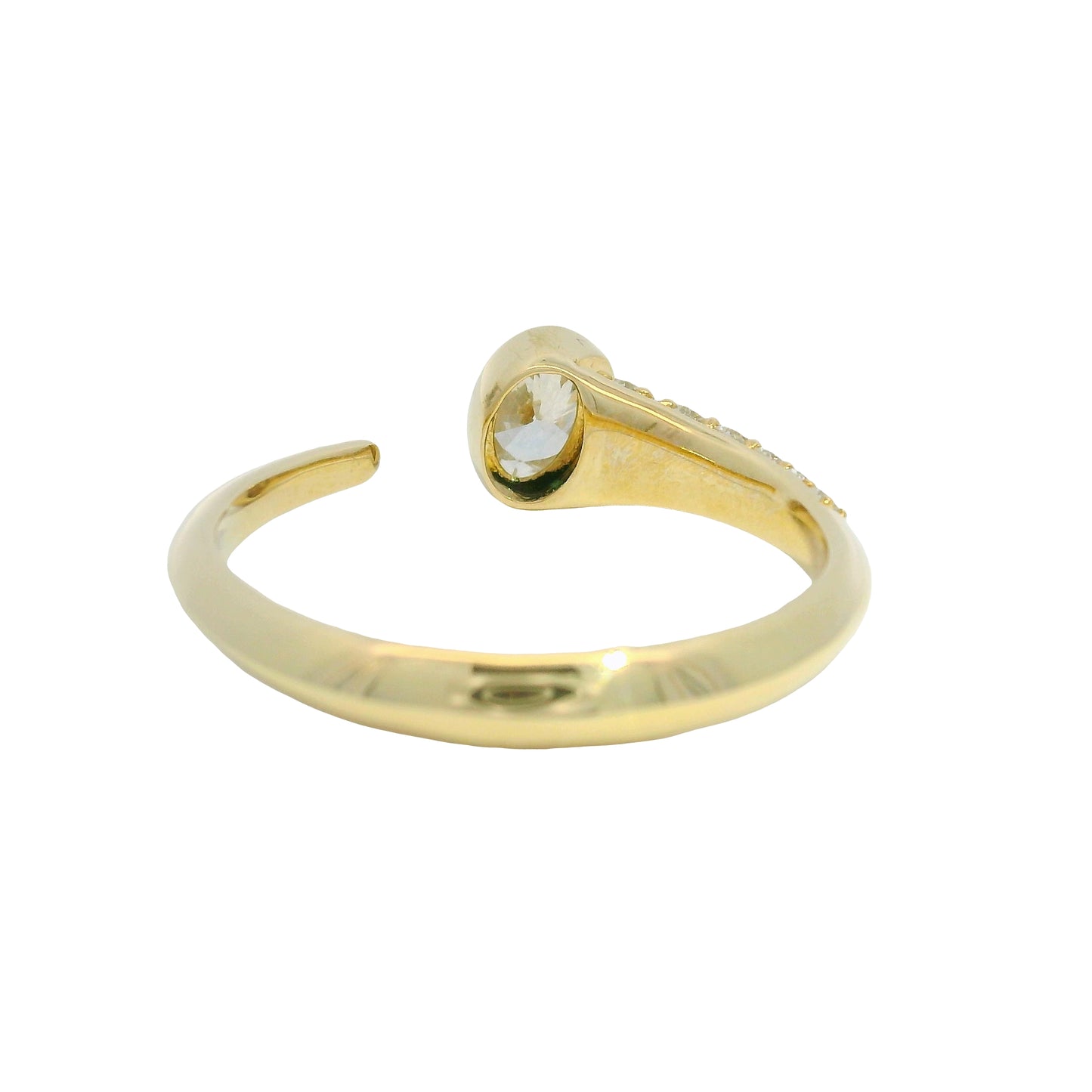 18K Yellow Gold Natural Oval & Round Brilliant Cut Bezel Set Diamond Open Bypass Ring