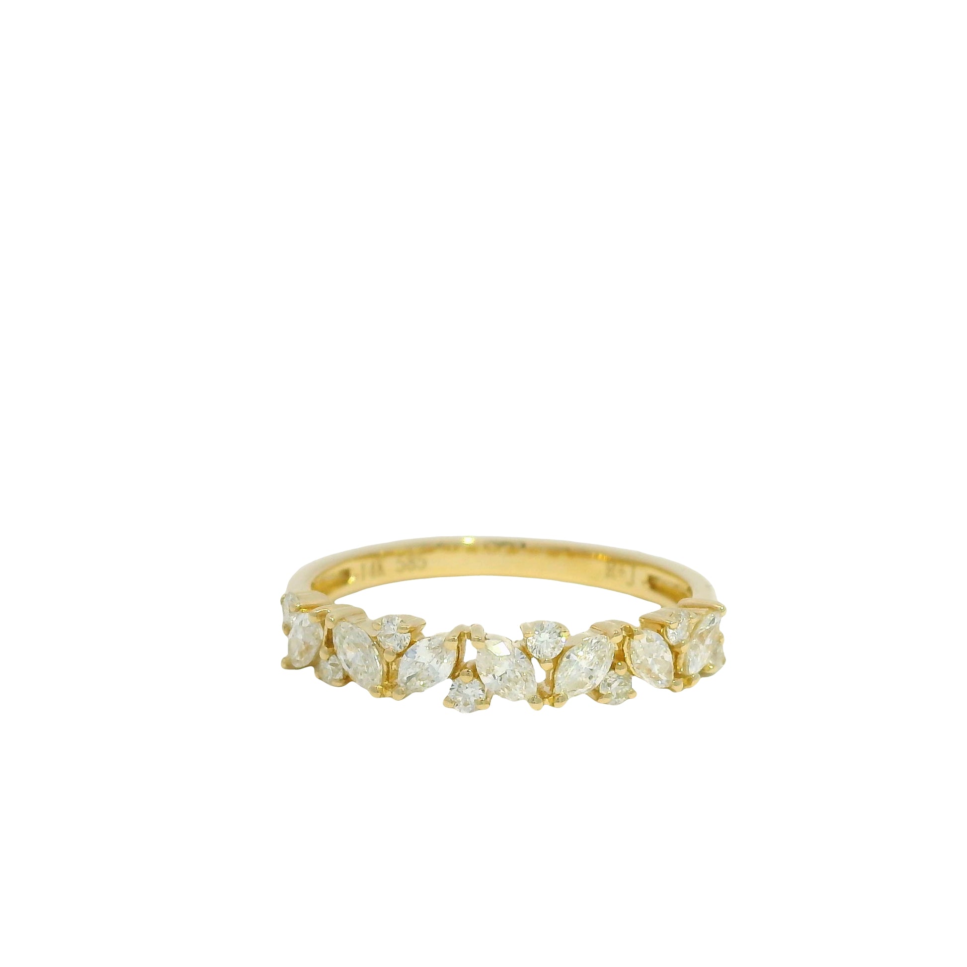 14K Yellow Gold Natural Marquise & Round Brilliant Cut diamond Narrow Ring