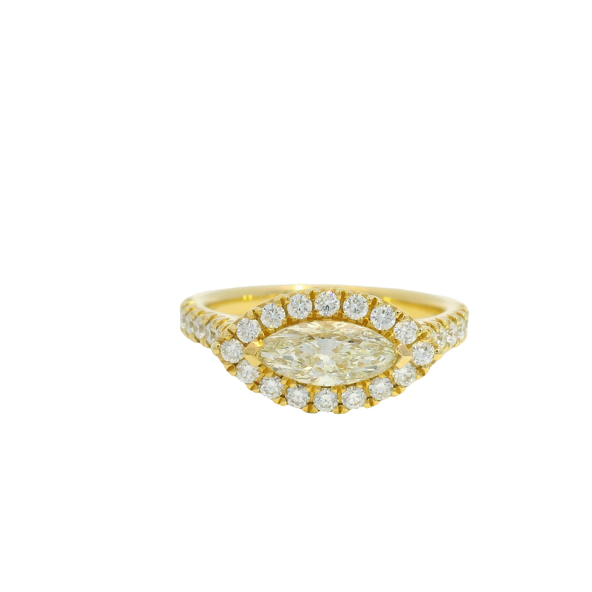 18K Yellow Gold Natural Marquise Cut Diamond East/West Halo Set Ring