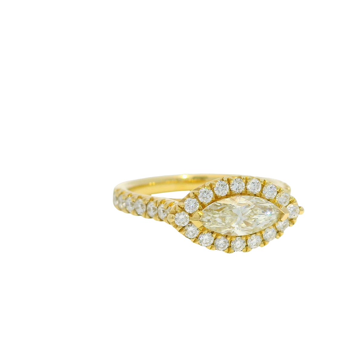 18K Yellow Gold Natural Marquise Cut Diamond East/West Halo Set Ring