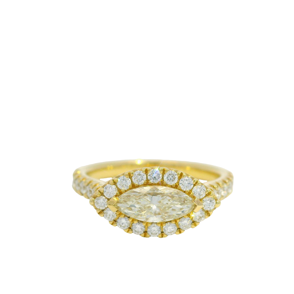 18K Yellow Gold Natural Marquise Cut Diamond East/West Halo Set Ring