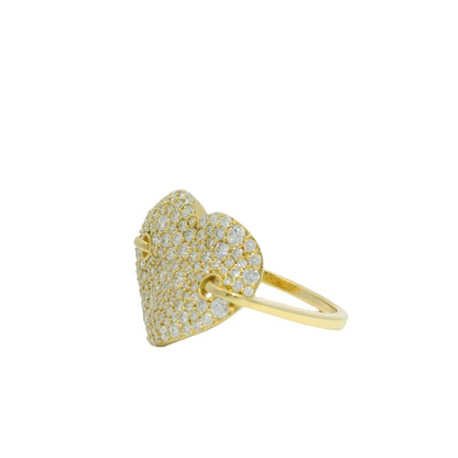 14K Yellow Gold Natural Round Brilliant Cut Diamond Pave Oversized Heart Ring