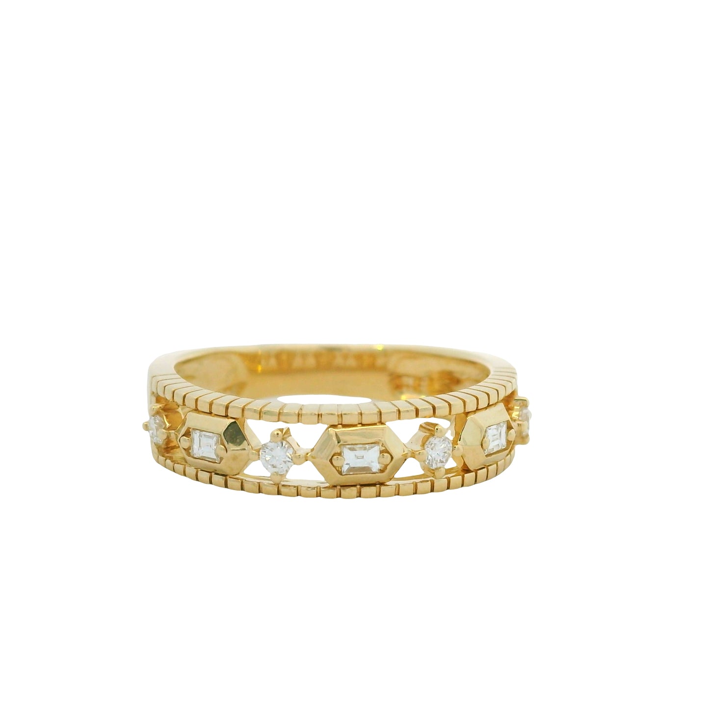 14K Yellow Gold Natural Round Brilliant & Baguette Cut Diamond Station Ring
