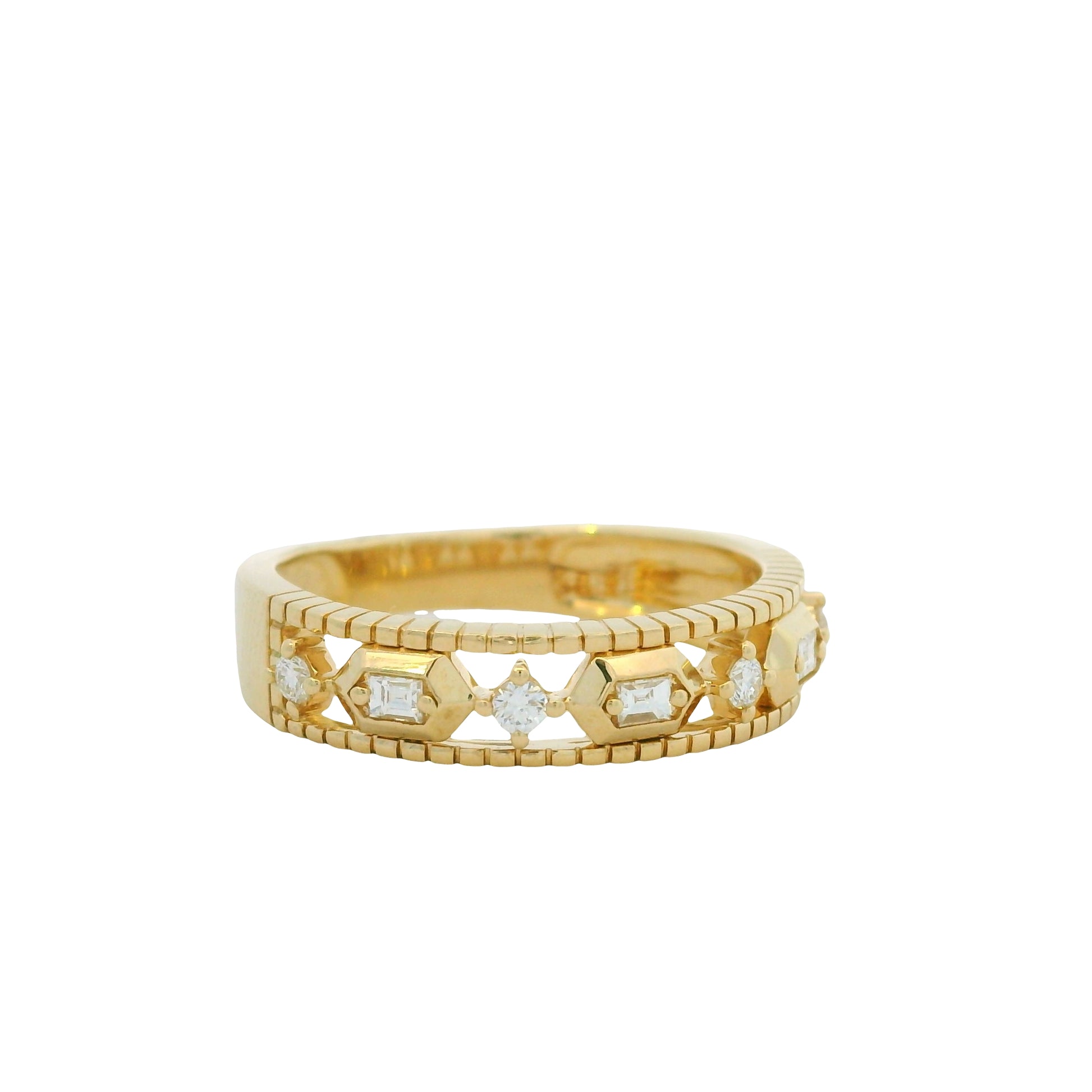 14K Yellow Gold Natural Round Brilliant & Baguette Cut Diamond Station Ring