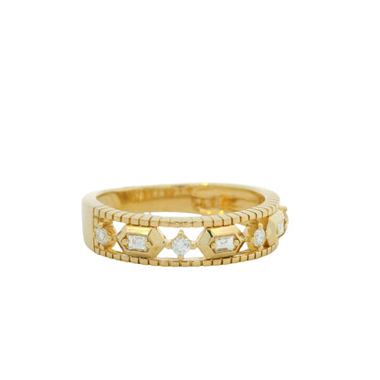 14K Yellow Gold Natural Round Brilliant & Baguette Cut Diamond Station Ring