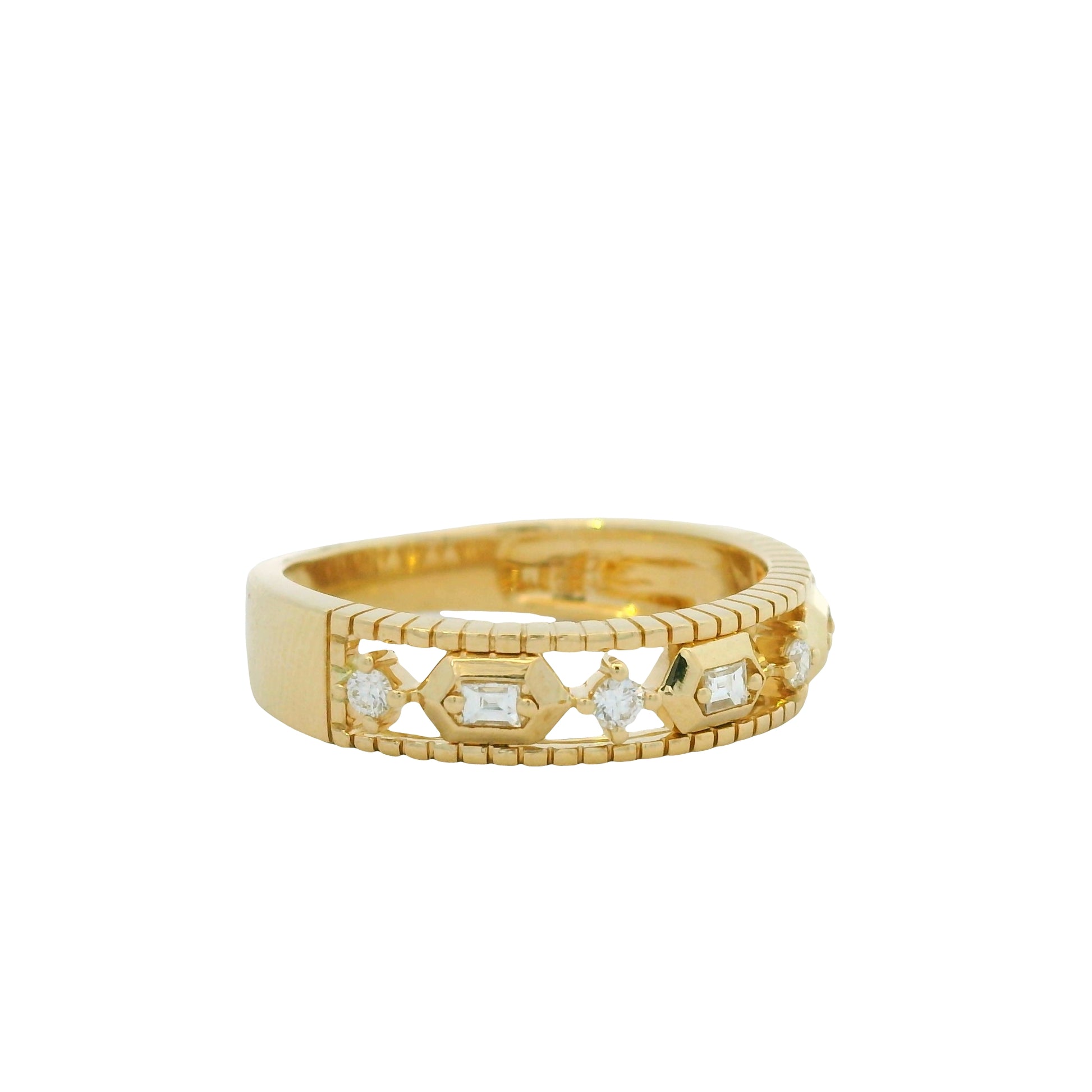 14K Yellow Gold Natural Round Brilliant & Baguette Cut Diamond Station Ring