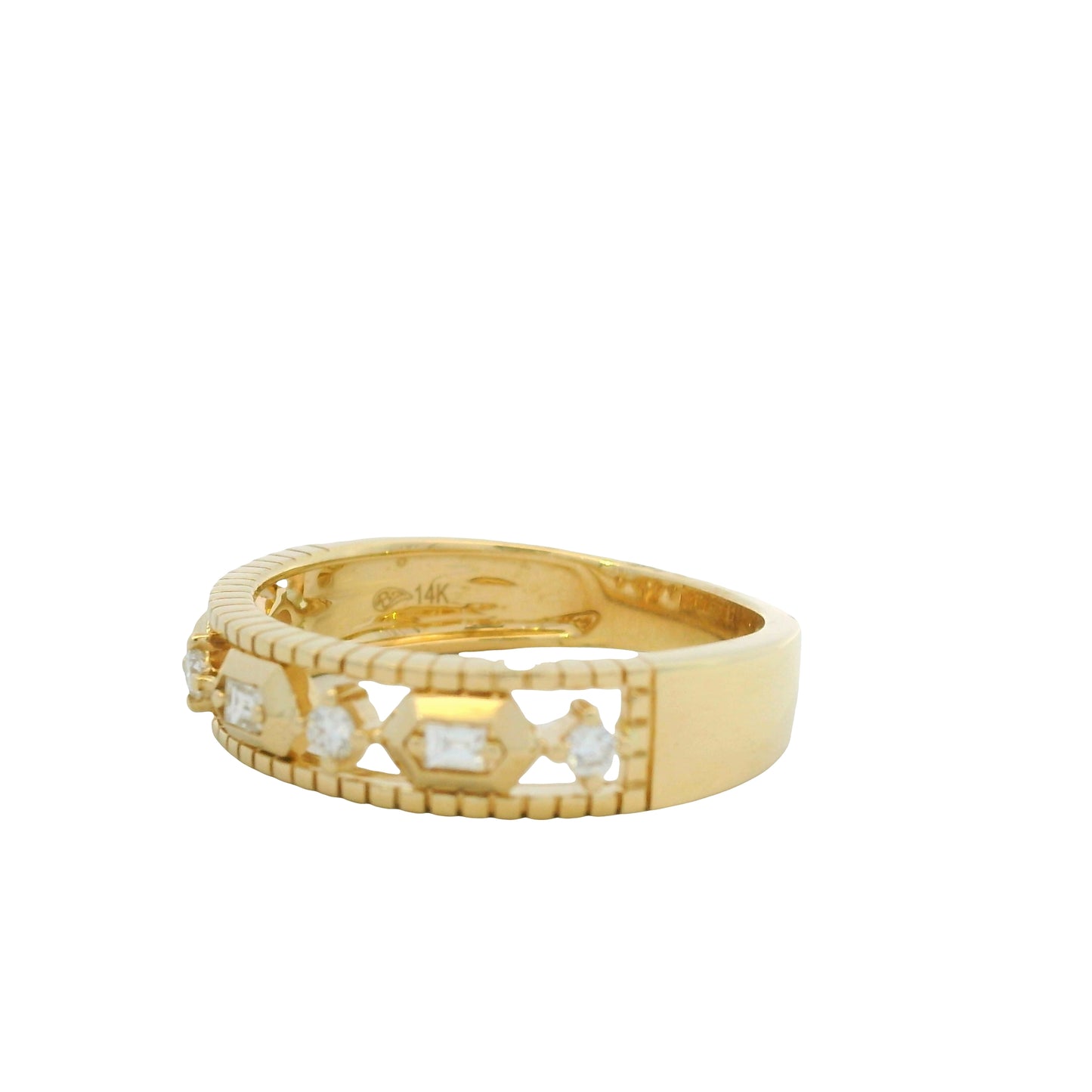 14K Yellow Gold Natural Round Brilliant & Baguette Cut Diamond Station Ring