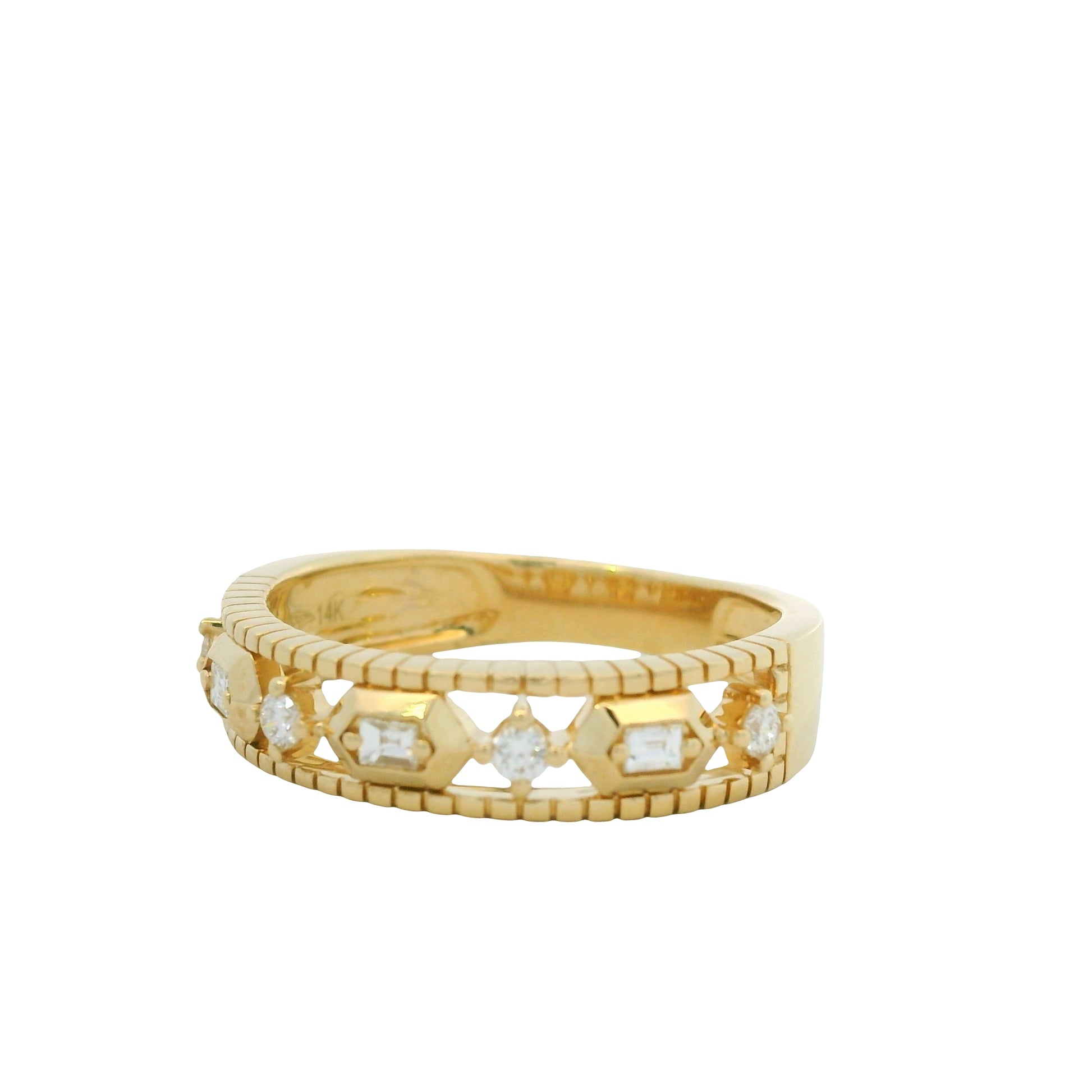 14K Yellow Gold Natural Round Brilliant & Baguette Cut Diamond Station Ring