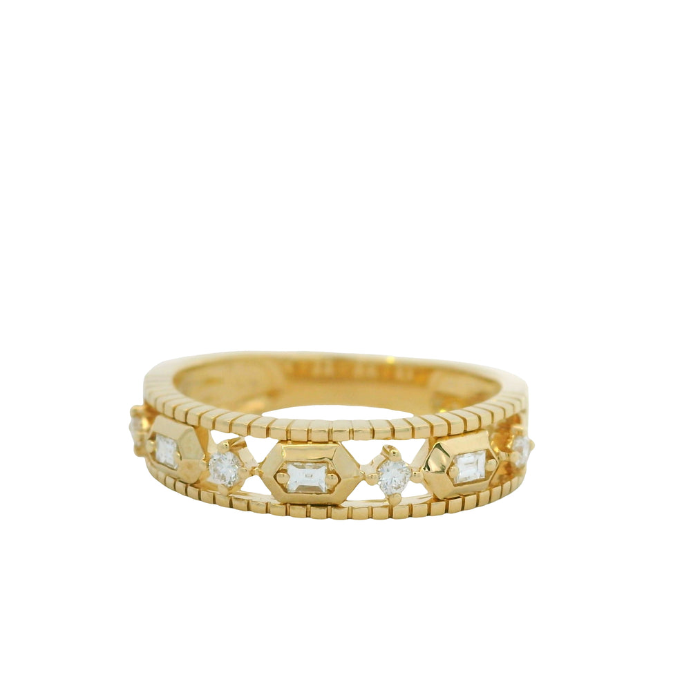 14K Yellow Gold Natural Round Brilliant & Baguette Cut Diamond Station Ring