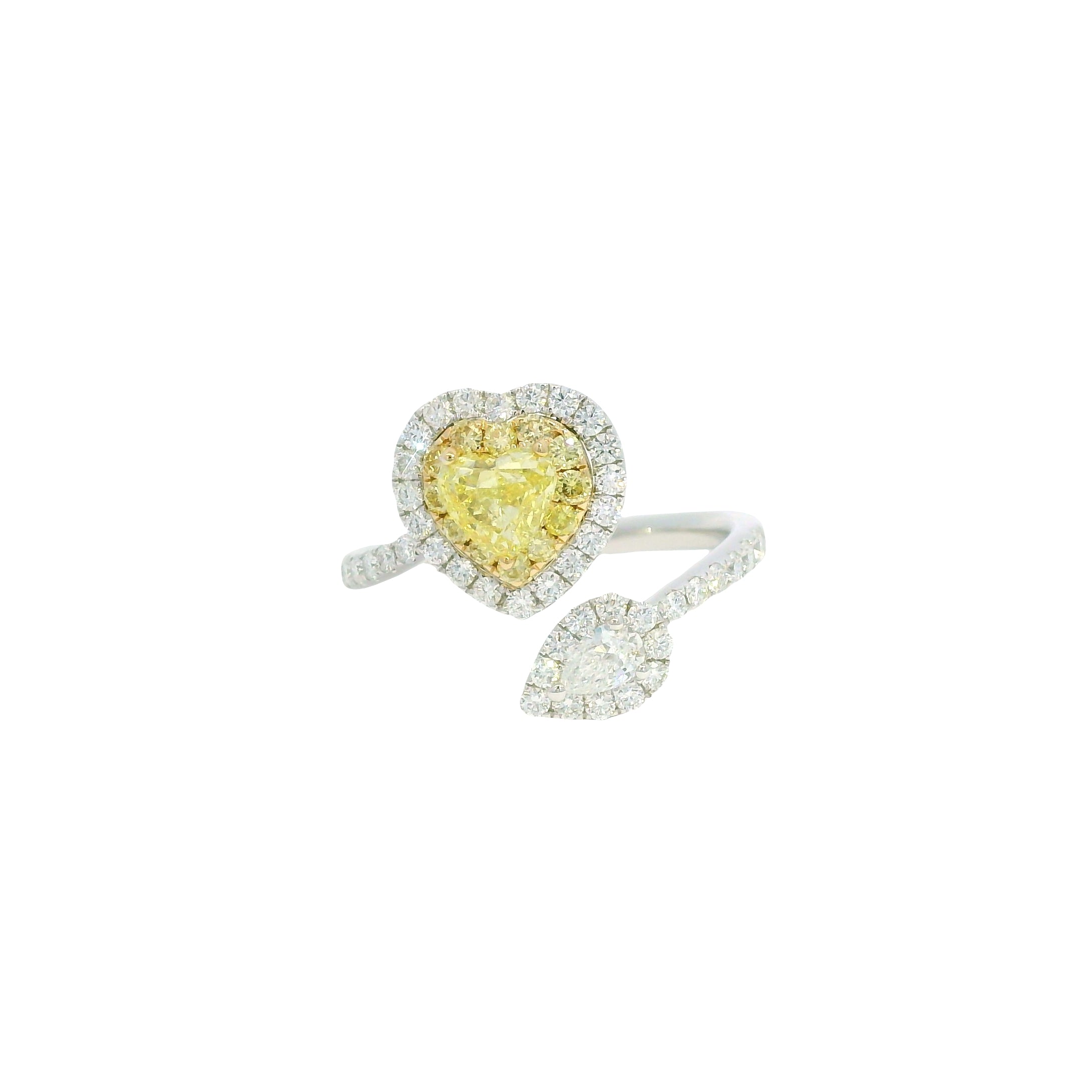 14K Two Tone Gold Natural Fancy Yellow Heart Shape Diamond Crossover Ring