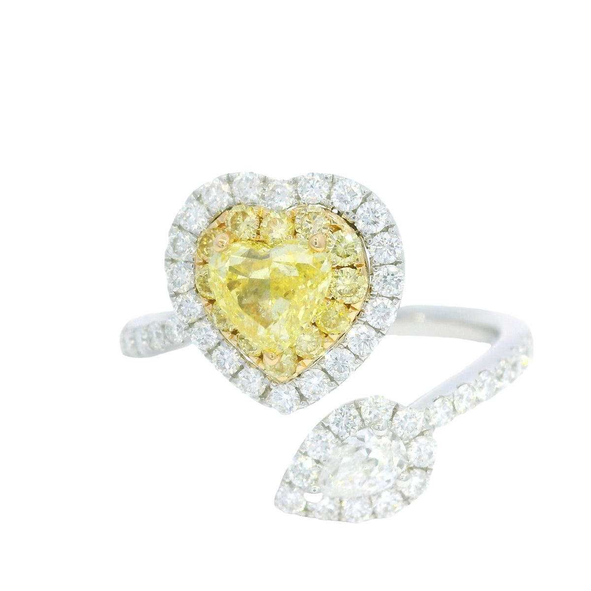 14K Two Tone Gold Natural Fancy Yellow Heart Shape Diamond Crossover Ring