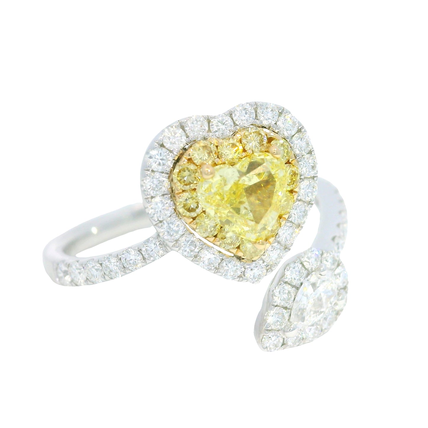 14K Two Tone Gold Natural Fancy Yellow Heart Shape Diamond Crossover Ring