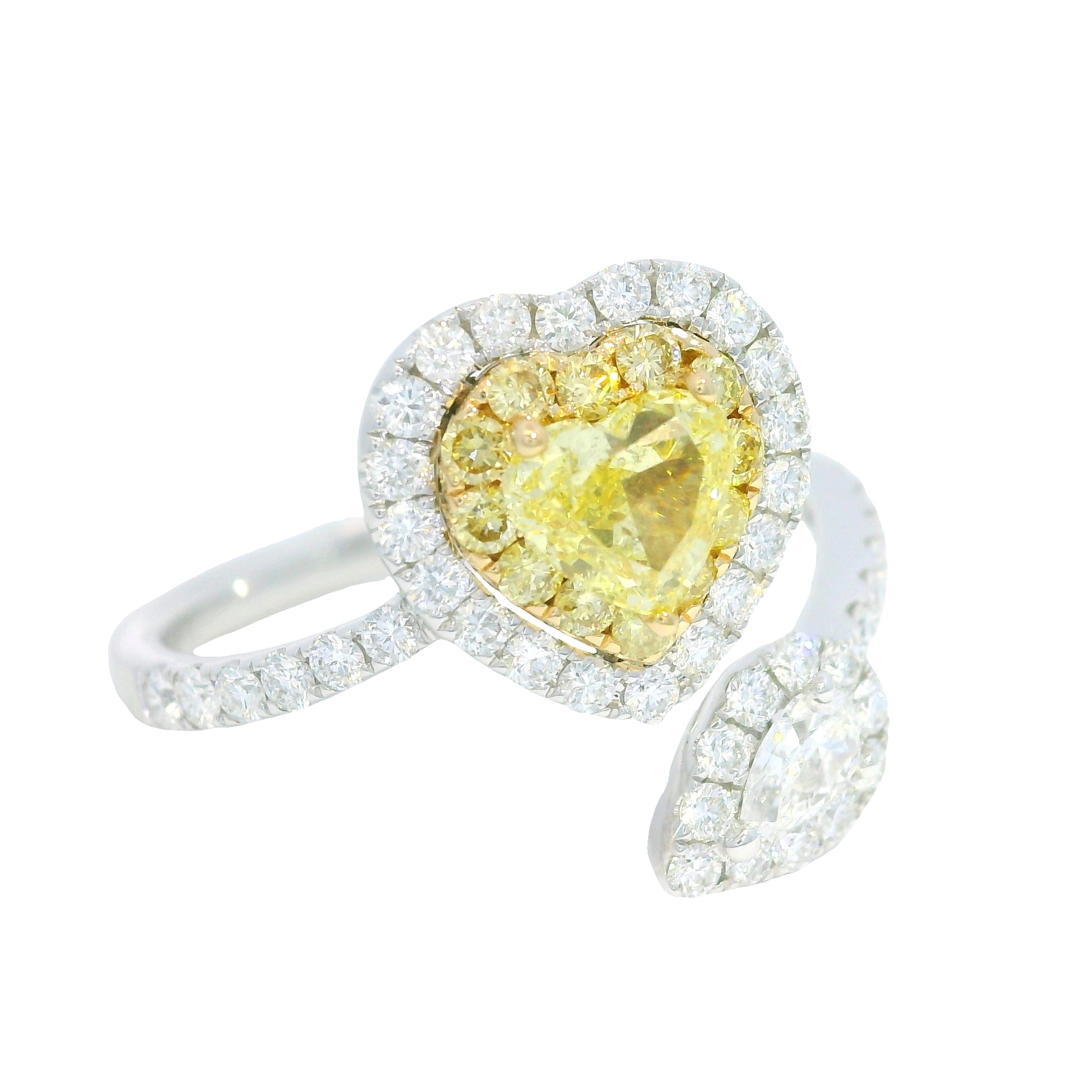 14K Two Tone Gold Natural Fancy Yellow Heart Shape Diamond Crossover Ring