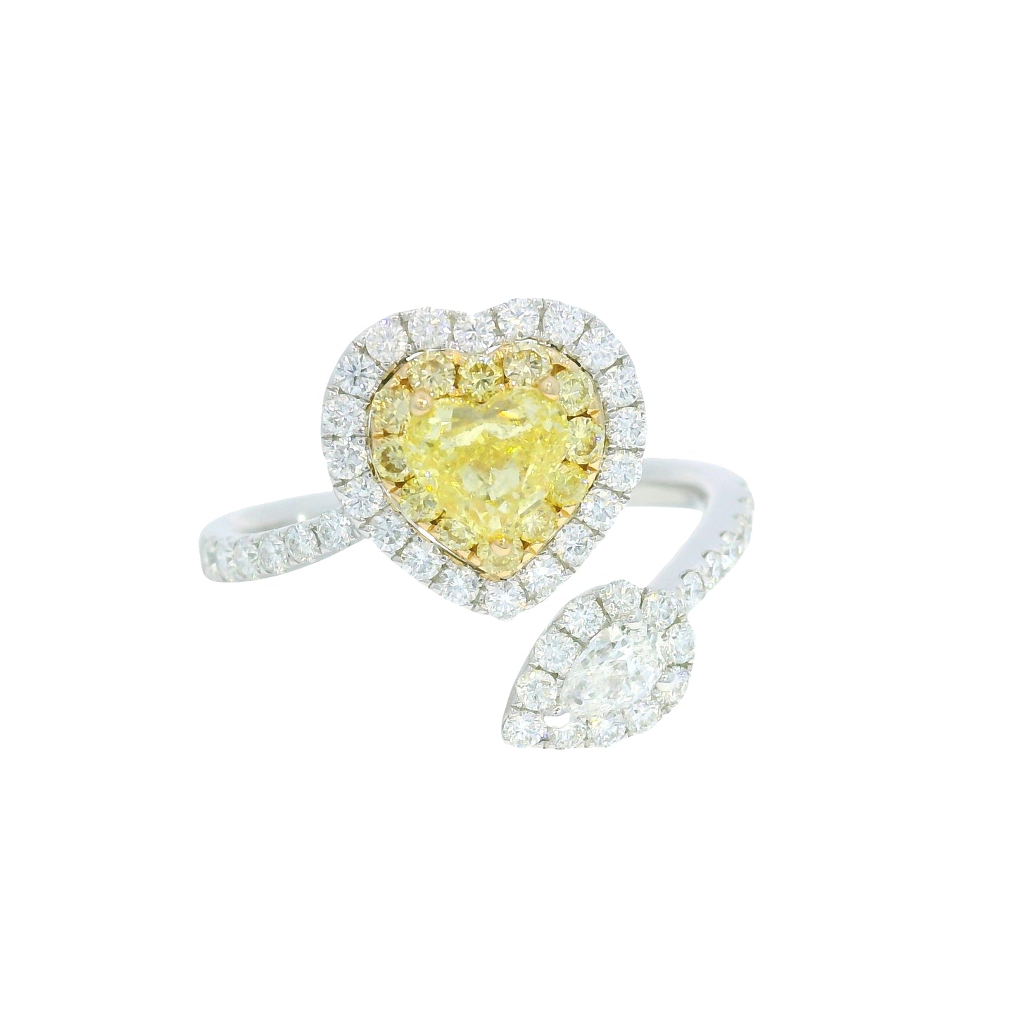 14K Two Tone Gold Natural Fancy Yellow Heart Shape Diamond Crossover Ring