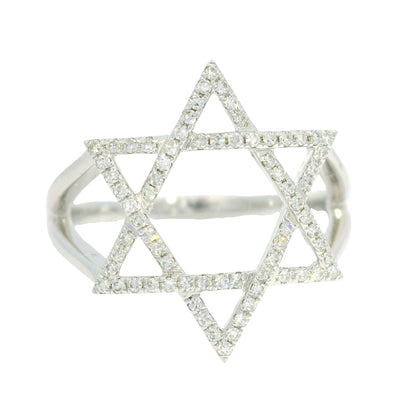 14K White Gold Natural Round Brilliant Diamond Star of David Ring