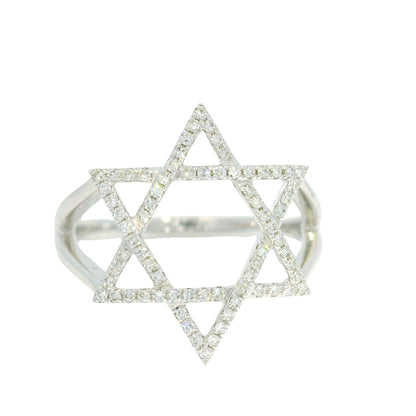 14K White Gold Natural Round Brilliant Diamond Star of David Ring