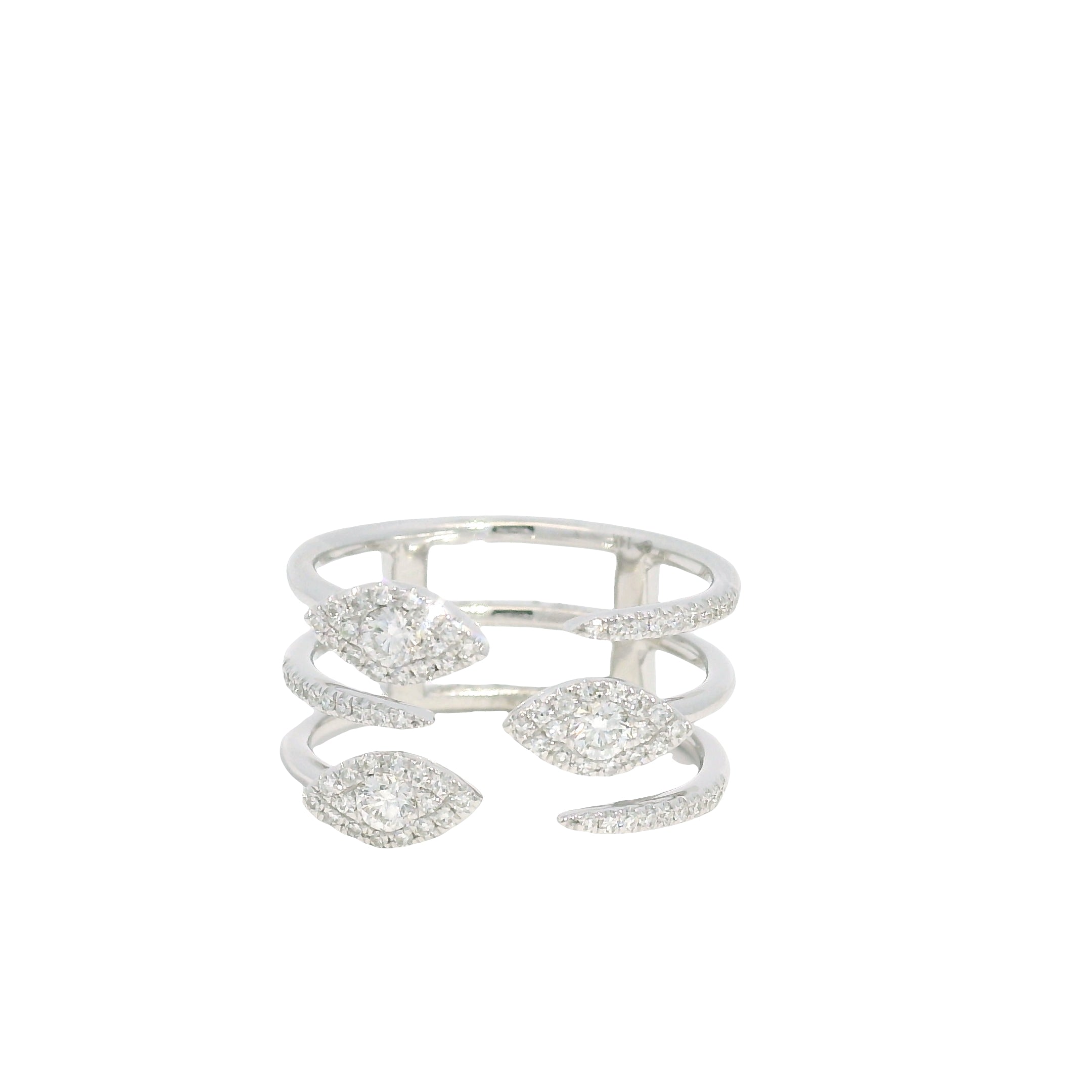 14K White Gold Natural Diamond & Marquise Shaped 3-Row Open Bypass Cluster Ring