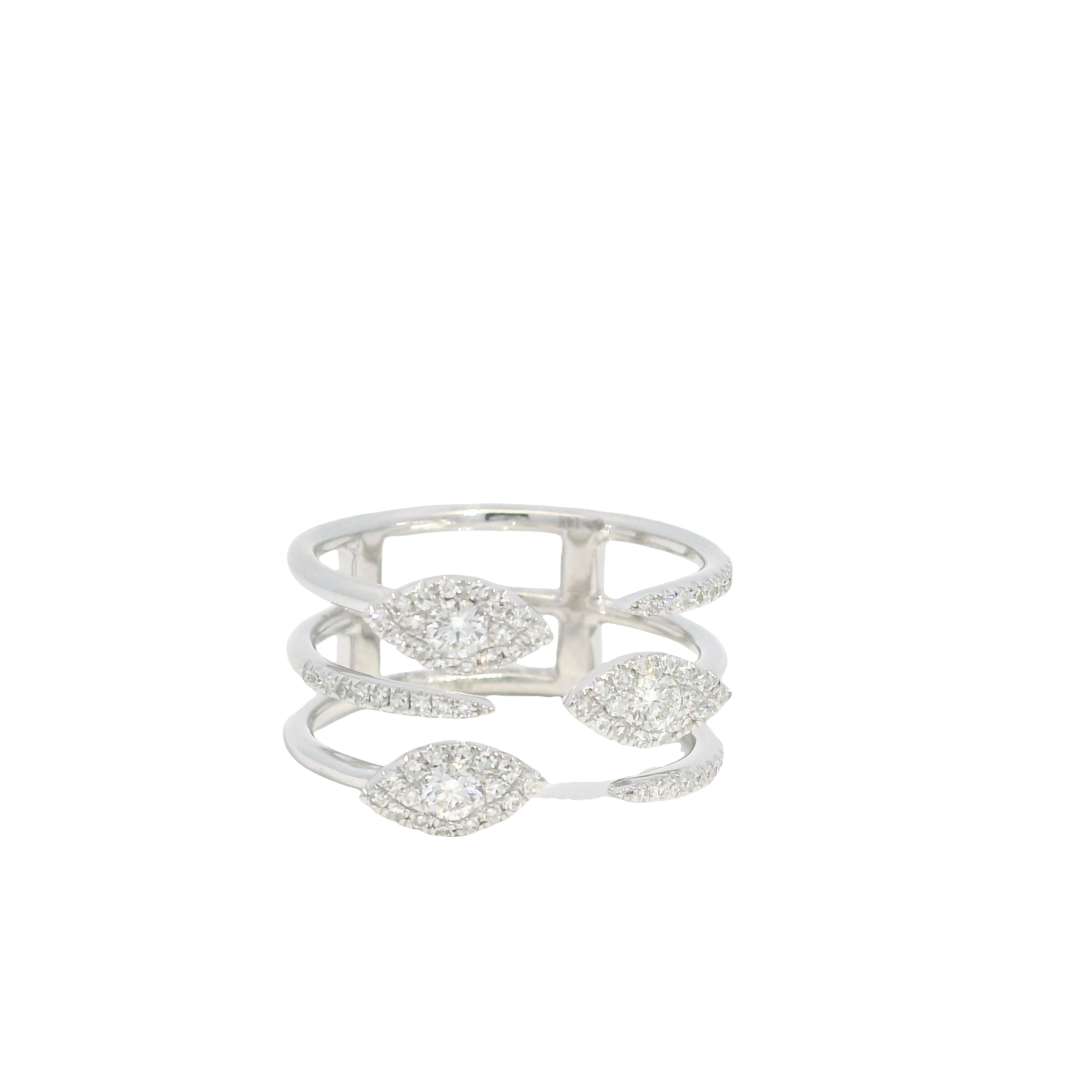 14K White Gold Natural Diamond & Marquise Shaped 3-Row Open Bypass Cluster Ring