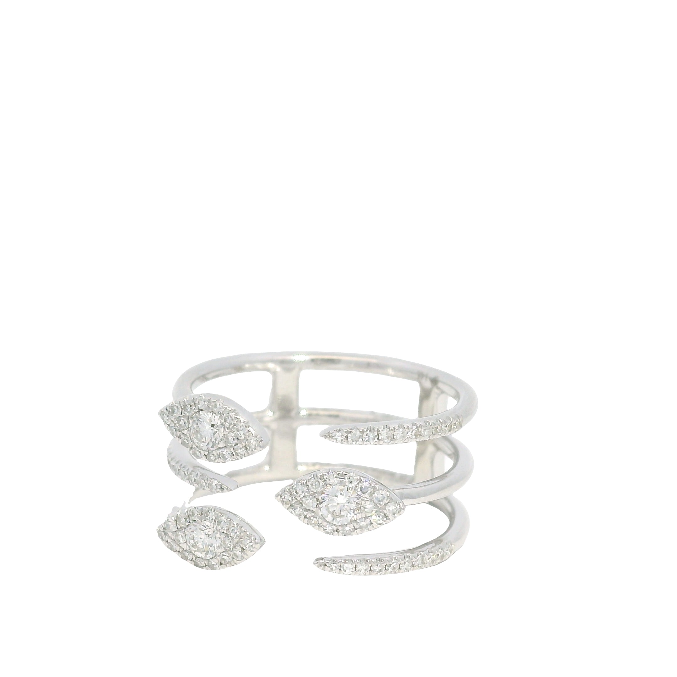 14K White Gold Natural Diamond & Marquise Shaped 3-Row Open Bypass Cluster Ring