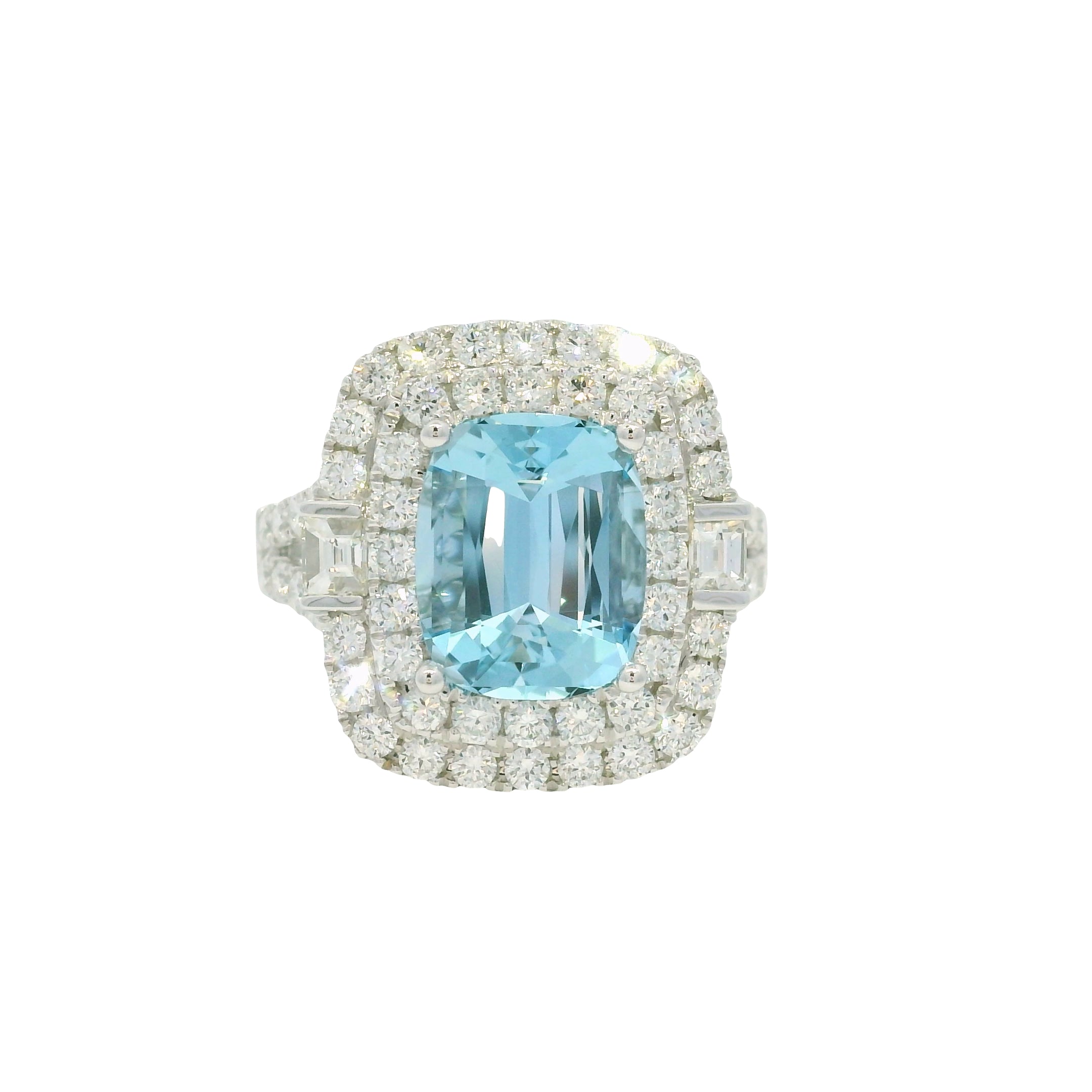 14K White Gold Natural Aquamarine & Diamond Double Halo Split Shank Ring