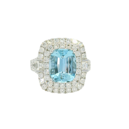 14K White Gold Natural Aquamarine & Diamond Double Halo Split Shank Ring