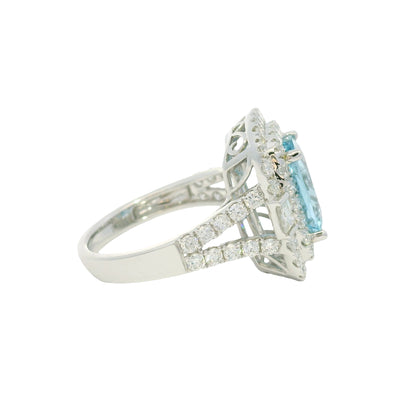 14K White Gold Natural Aquamarine & Diamond Double Halo Split Shank Ring
