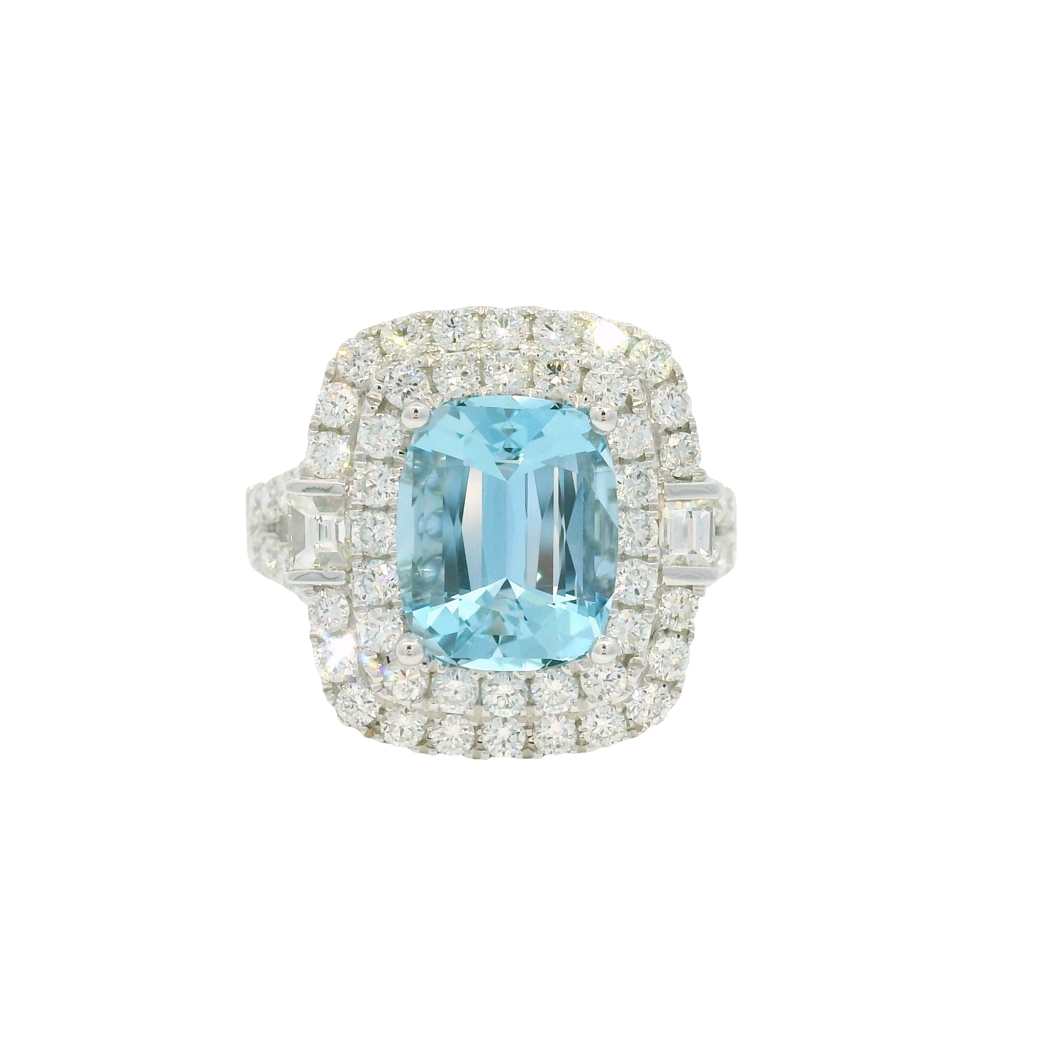 14K White Gold Natural Aquamarine & Diamond Double Halo Split Shank Ring