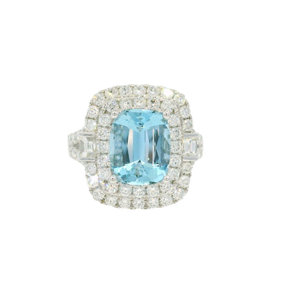 14K White Gold Natural Aquamarine & Diamond Double Halo Split Shank Ring