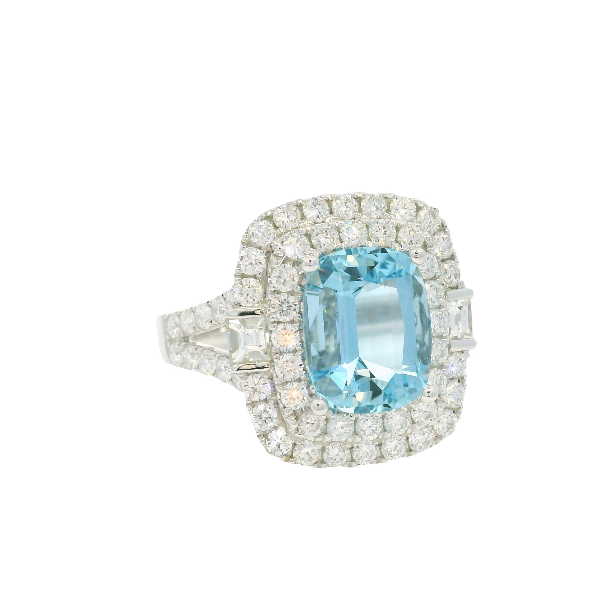 14K White Gold Natural Aquamarine & Diamond Double Halo Split Shank Ring