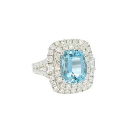 14K White Gold Natural Aquamarine & Diamond Double Halo Split Shank Ring
